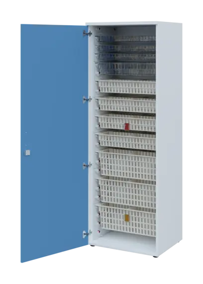 EUROMEDICA D - 66 skříň léková boxová, 1-dveřová, levá, 1950x660x535, korpus bílý, dvířka pastelově modrá